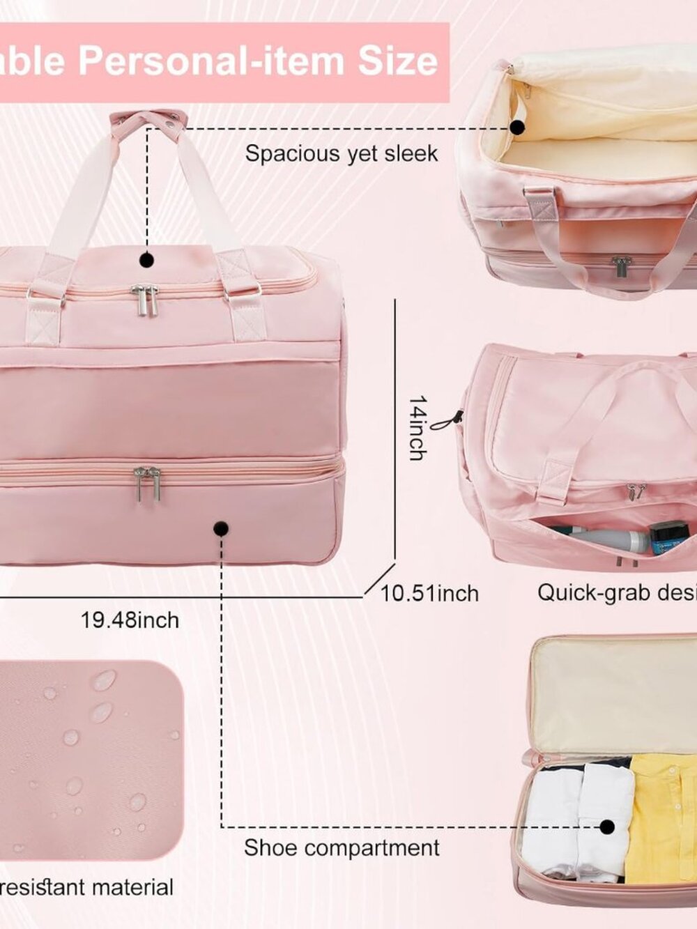 Travel Duffle Bag for Women, Carry-On Weekender with Shoe Compartment - Picture 5 of 9